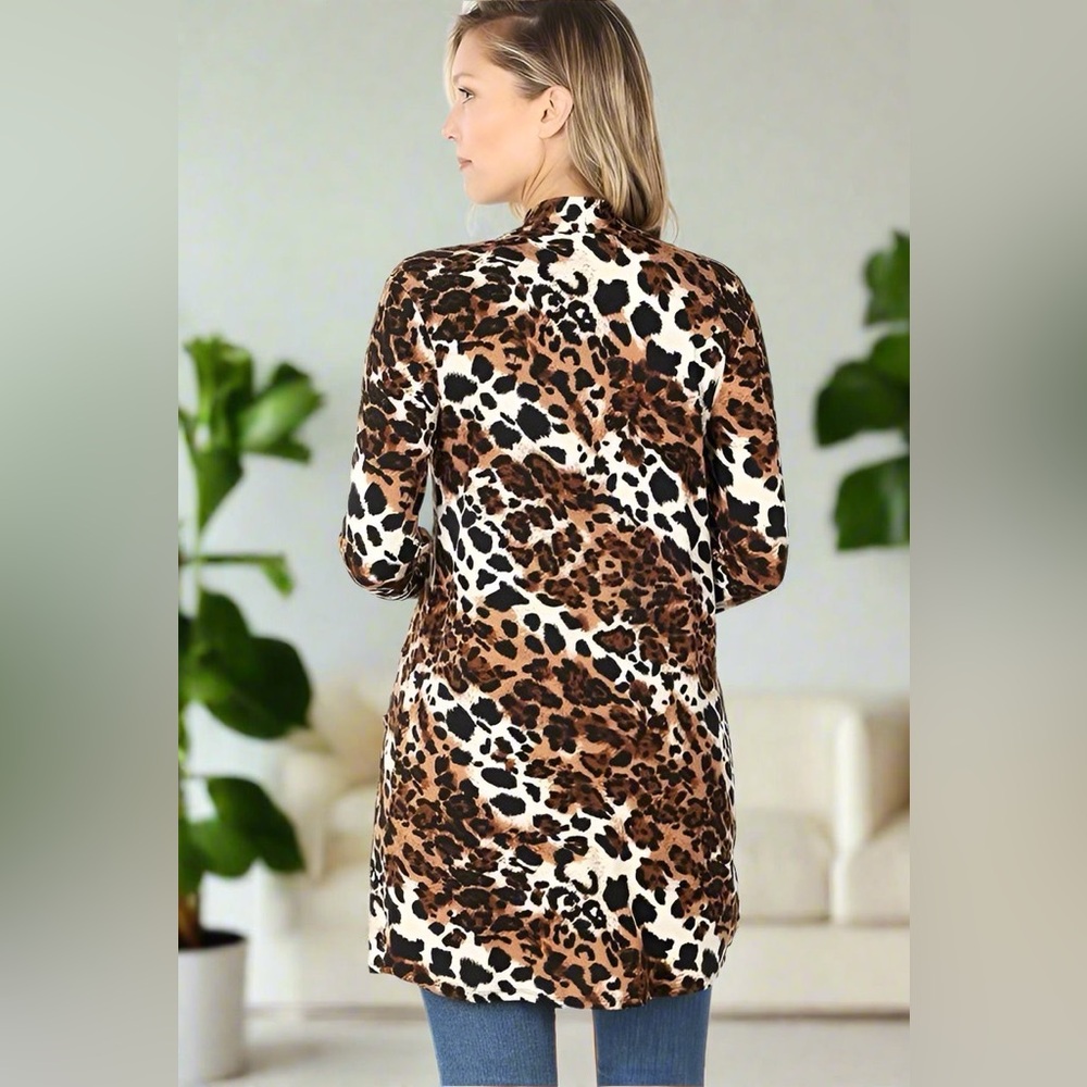 Small NEW Womens Cheetah Cardigan Leopard Duster Sweater Animal Print Jacket - Picture 2 of 5